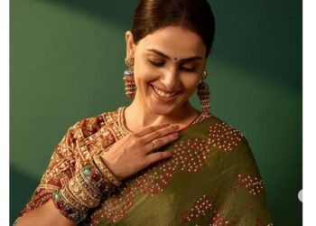 Genelia looks gracious as ever in an olive-green embroidered saree