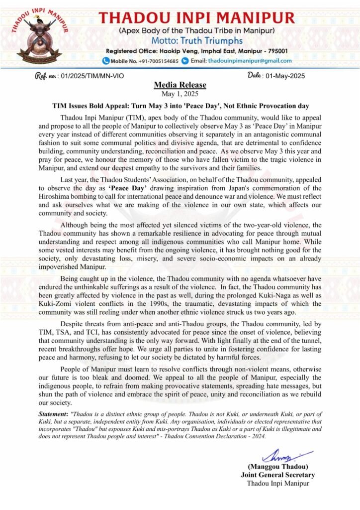 Thadou Script Thadou Body Proposes May 3 as Peace Day for Manipur Unity – Power Corridors
