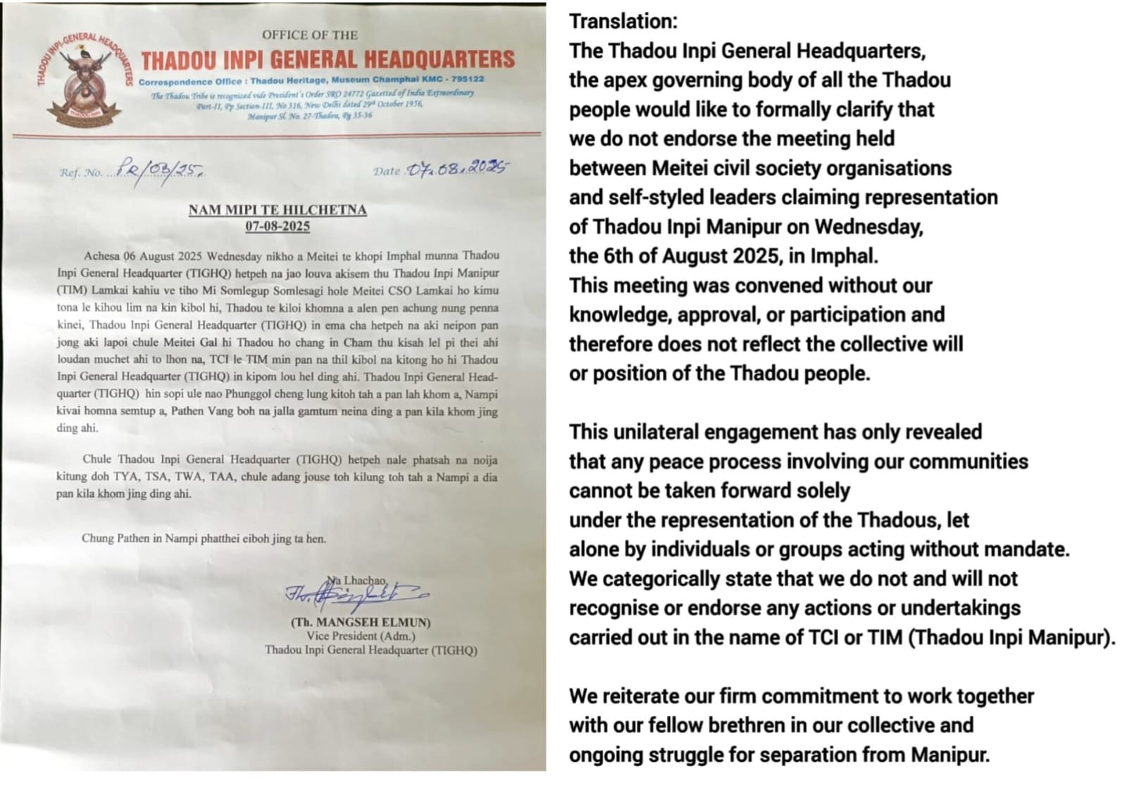 Thadou Script Thadou Apex Body Rebuffs TIM’s Peace Talks with Meiteis