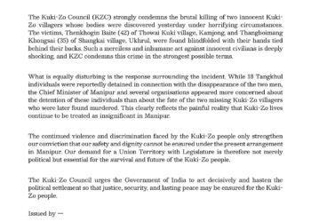 Kuki-Zo Groups Condemn Brutal Killing of Two Villagers in Manipur’s Ukhrul