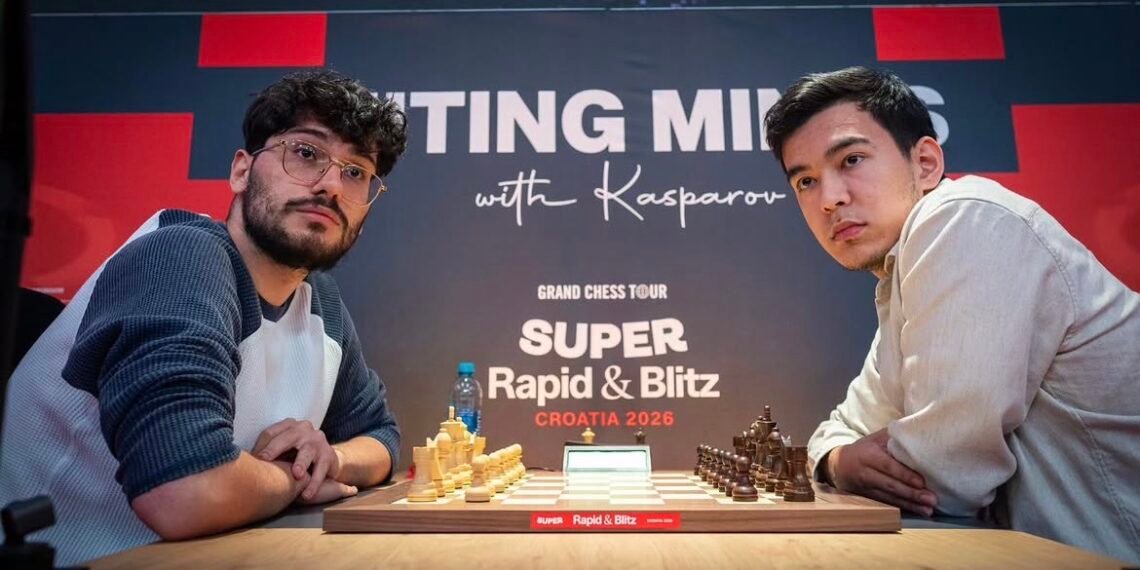 Alireza Firouzja and Nodirbek Abdusattorov at 2026 Grand Chess Tour: Super Rapid & Blitz Croatia - Power Corridors