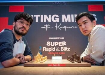 Alireza Firouzja and Nodirbek Abdusattorov at 2026 Grand Chess Tour: Super Rapid & Blitz Croatia - Power Corridors
